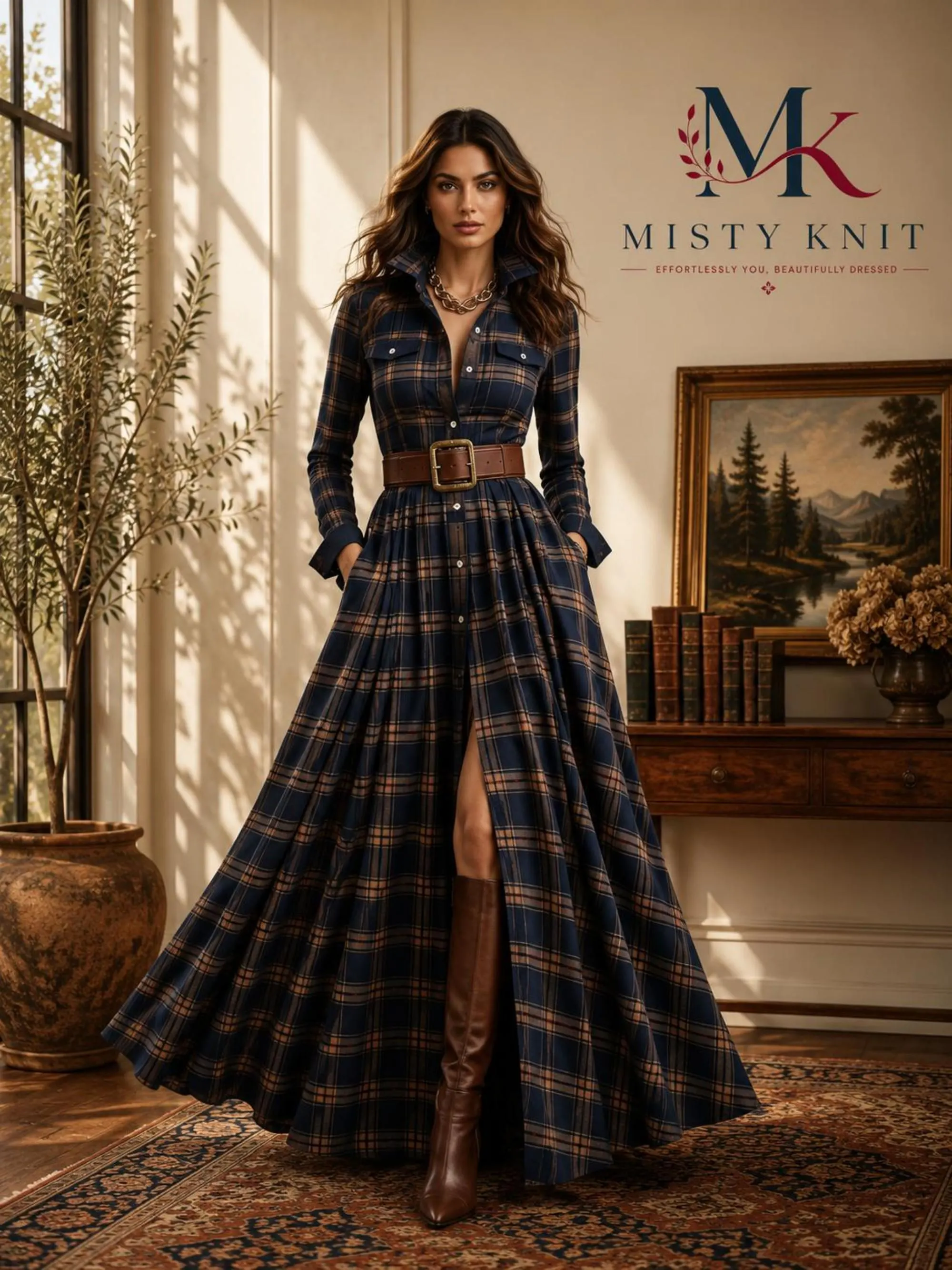 Plus Size Tartan Maxi Dress, French Retro A-Line, Cottagecore Style, Polyester