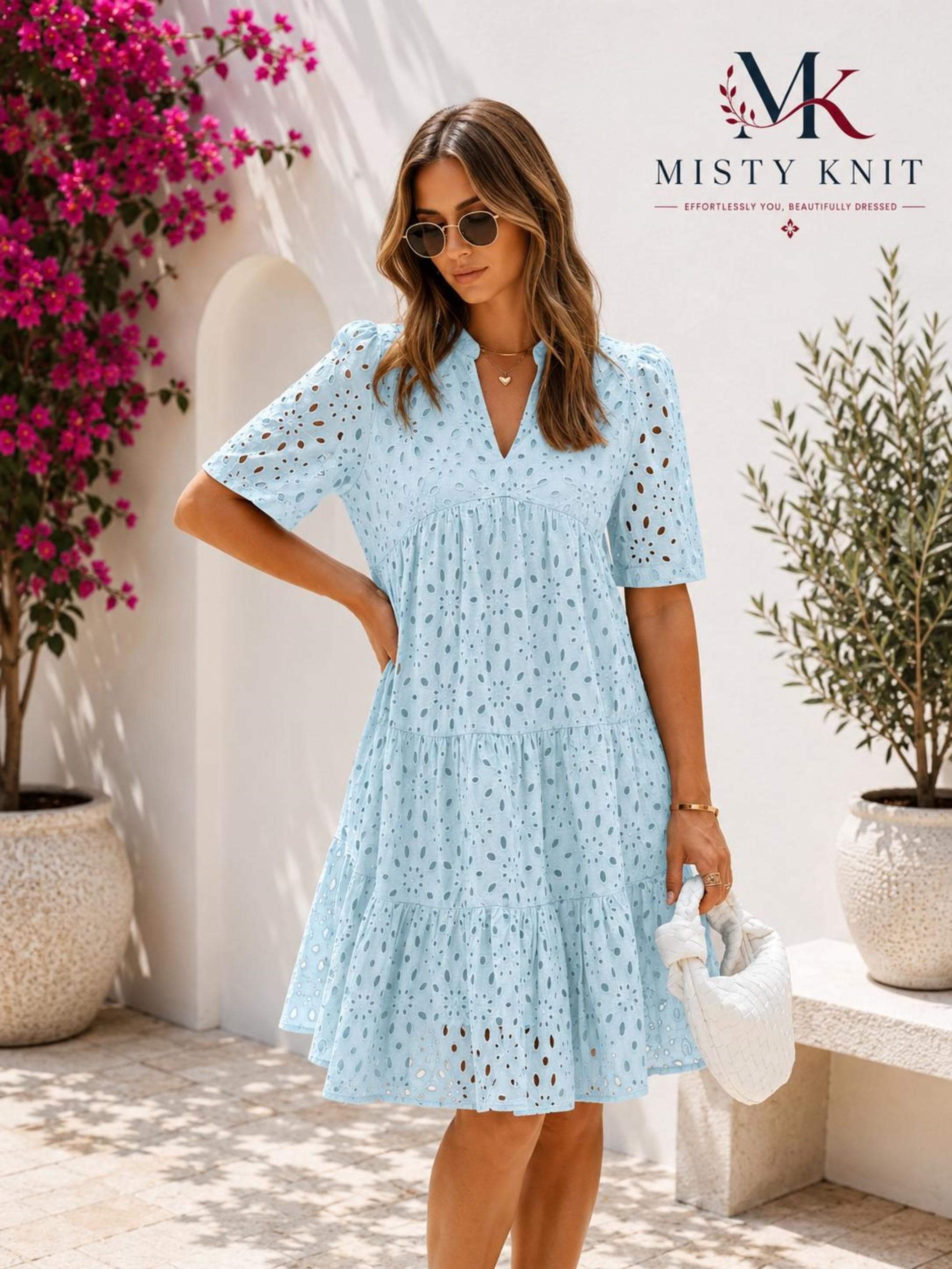 Eyelet Lace Tiered Mini Dress, Boho V-Neck Summer Sundress - image 3