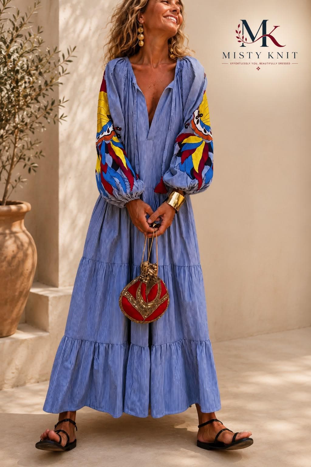 Striped V-Neck Maxi Dress, Colorful Boho Lantern Sleeve, Casual Summer Tiered Style