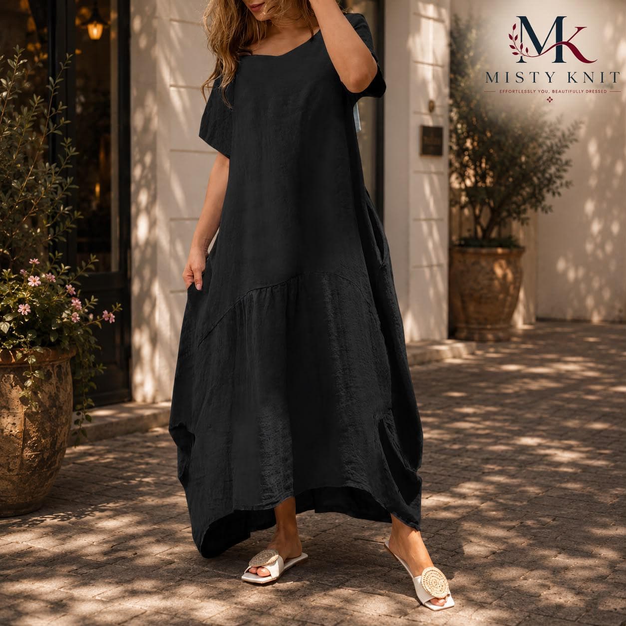 Linen Cotton Maxi Dress, Boho Kaftan, Pockets, Cottagecore Summer, Coastal Smock