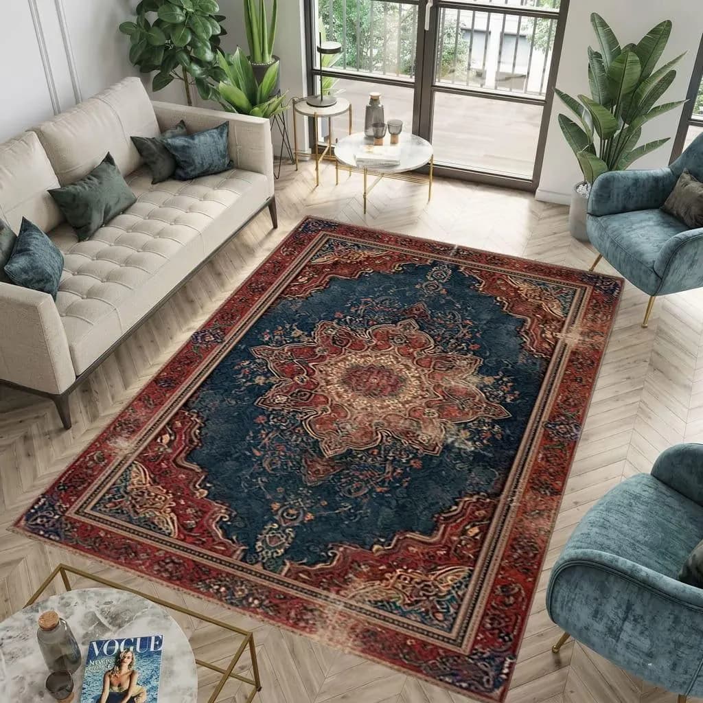 Vintage Distressed Area Rug, Persian Medallion Digital Print Carpet, Traditional Blue and Red Boho Living Room Rug