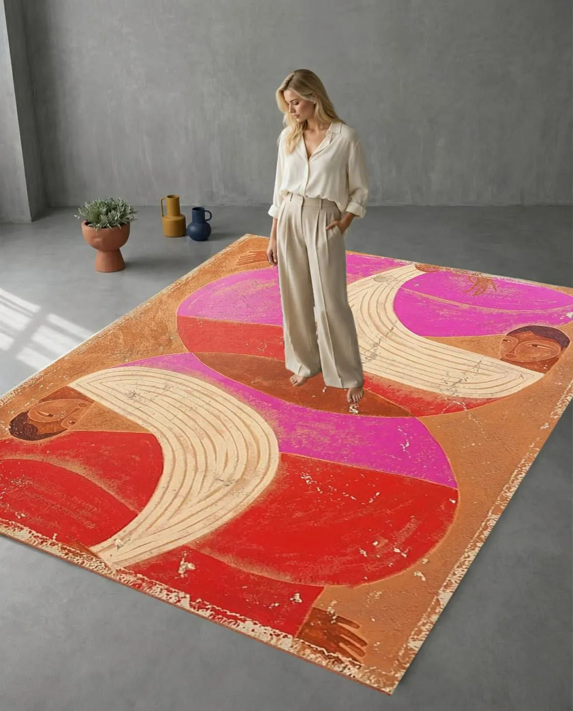 Abstract Pink Figurative Area Rug Vintage Art Distressed Carpet, Washable Non-Slip Folk Art Floor Mat, Eclectic Vibrant Living Room Decor - image 2