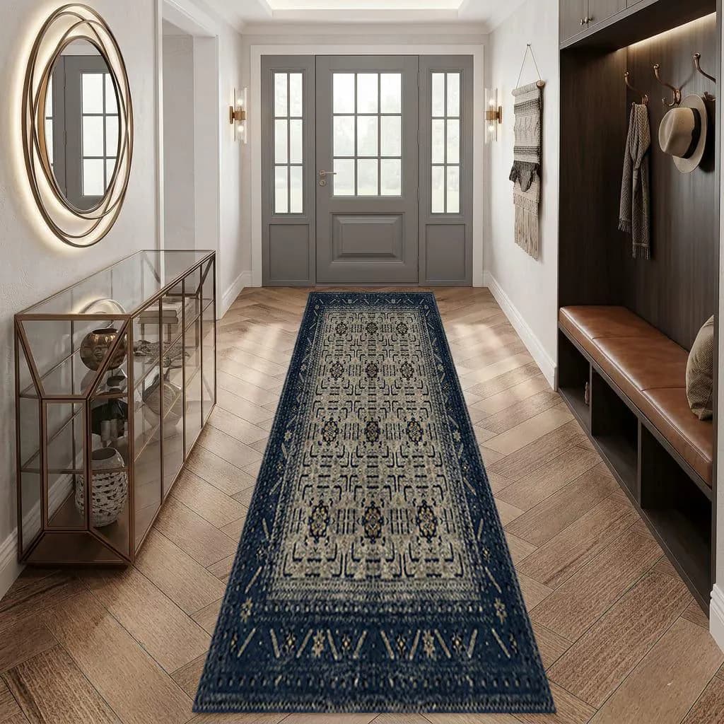 Navy Blue Runner Rug, Vintage Distressed Hallway Carpet, Boho Kitchen Runner, Turkish Ethnic Long Mat, Rusty Orange Printed Entryway Rug