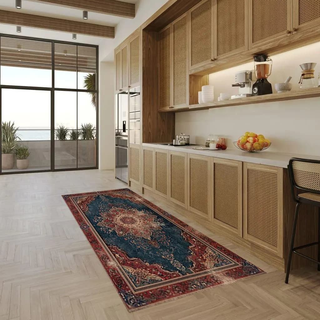 Vintage Distressed Area Rug, Persian Medallion Digital Print Carpet, Traditional Blue and Red Boho Living Room Rug - image 2