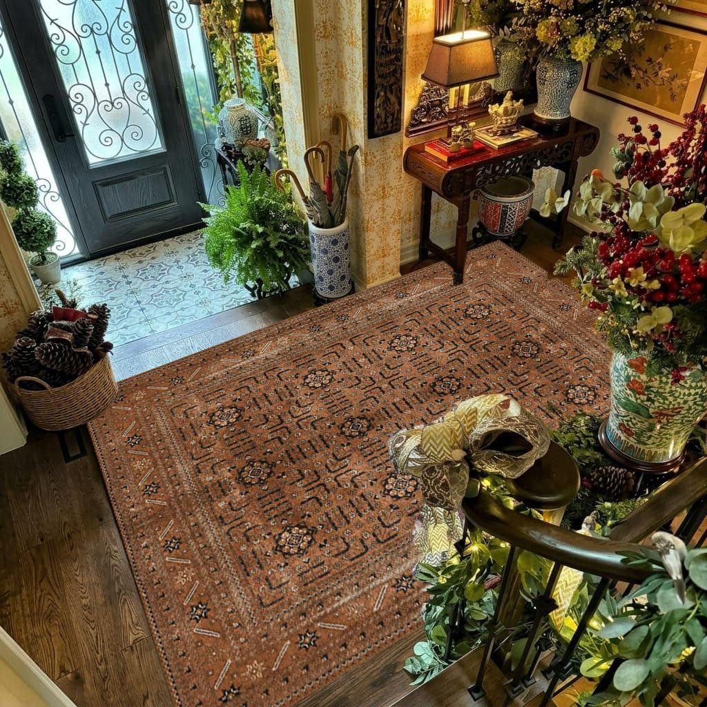 Vintage Distressed Area Rug Terracotta Tribal Geometric Carpet, Machine Washable Non-Slip Rustic Floor Mat, Boho Living Room Home Decor - image 3