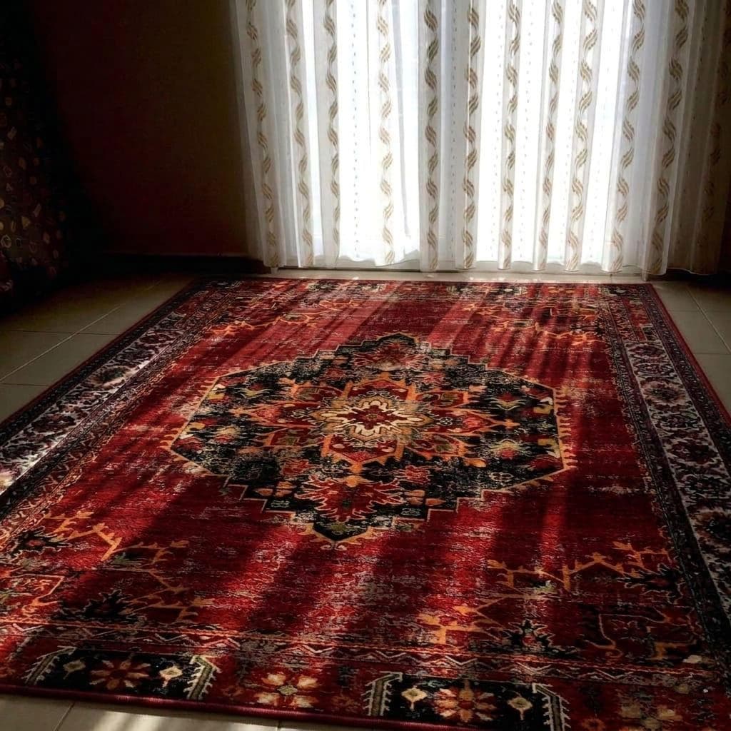 Vintage Distressed Area Rug Red Crimson Medallion Rug, Machine Washable Non-Slip Turkish Traditional Carpet, Living Room Rug Home Decor - image 5