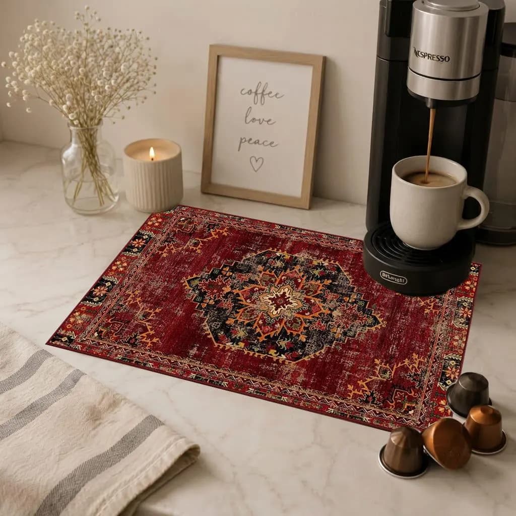 Vintage Oriental Coffee Bar Mat, Non-Slip Espresso Machine Mat, Red Coffee Station Rug, Coffee Lover Gift