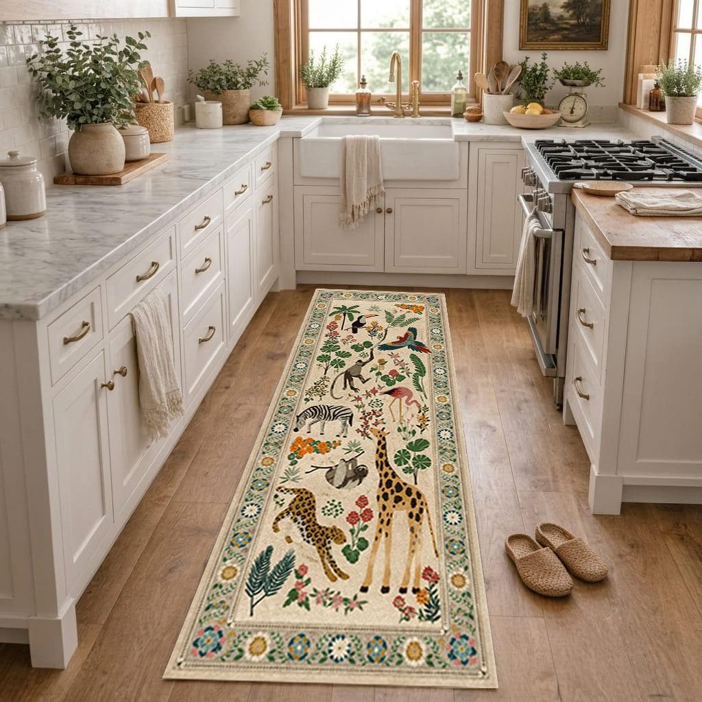 Jungle Animal Kitchen Runner Rug, Tropical Floral Washable Runner, Vintage Botanical Hallway Rug, Safari Kitchen Mat - image 3