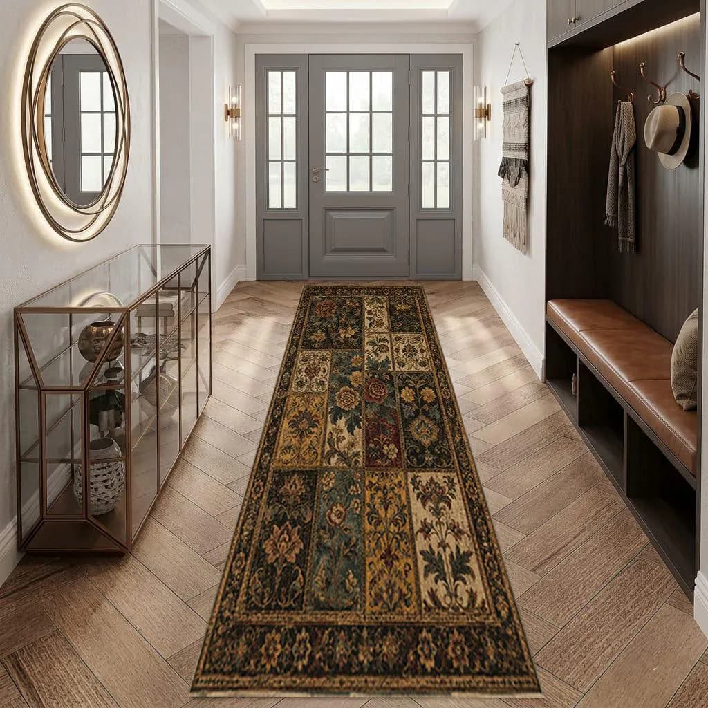 Vintage Style Patchwork Runner Rug, Traditional Printed Hallway Mat, Distressed Antique Look Kitchen Runner,Boho Floral Entryway Floor Mat