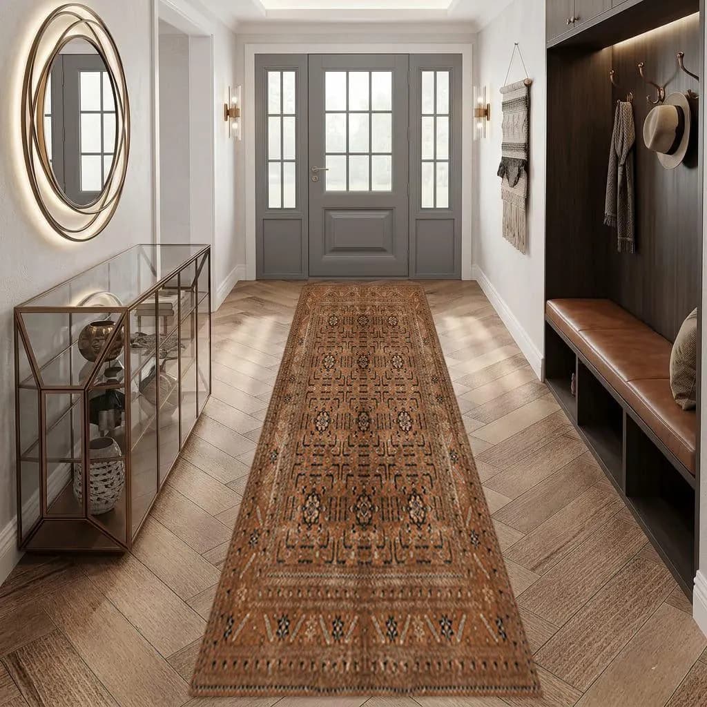 Terracotta Runner Rug, Vintage Distressed Hallway Carpet, Boho Kitchen Runner, Turkish Ethnic Long Mat, Rusty Orange Printed Entryway Rug