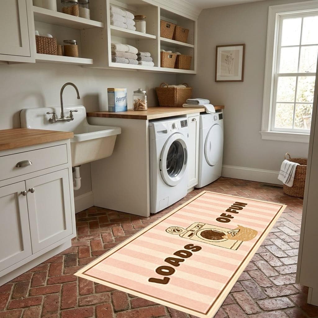 Laundry Room Runner Rug Loads of Fun Funny Vintage Laundry Mat, Pink Striped Farmhouse Floor Mat, Washable Utility Room Rug Decor Gift - image 5