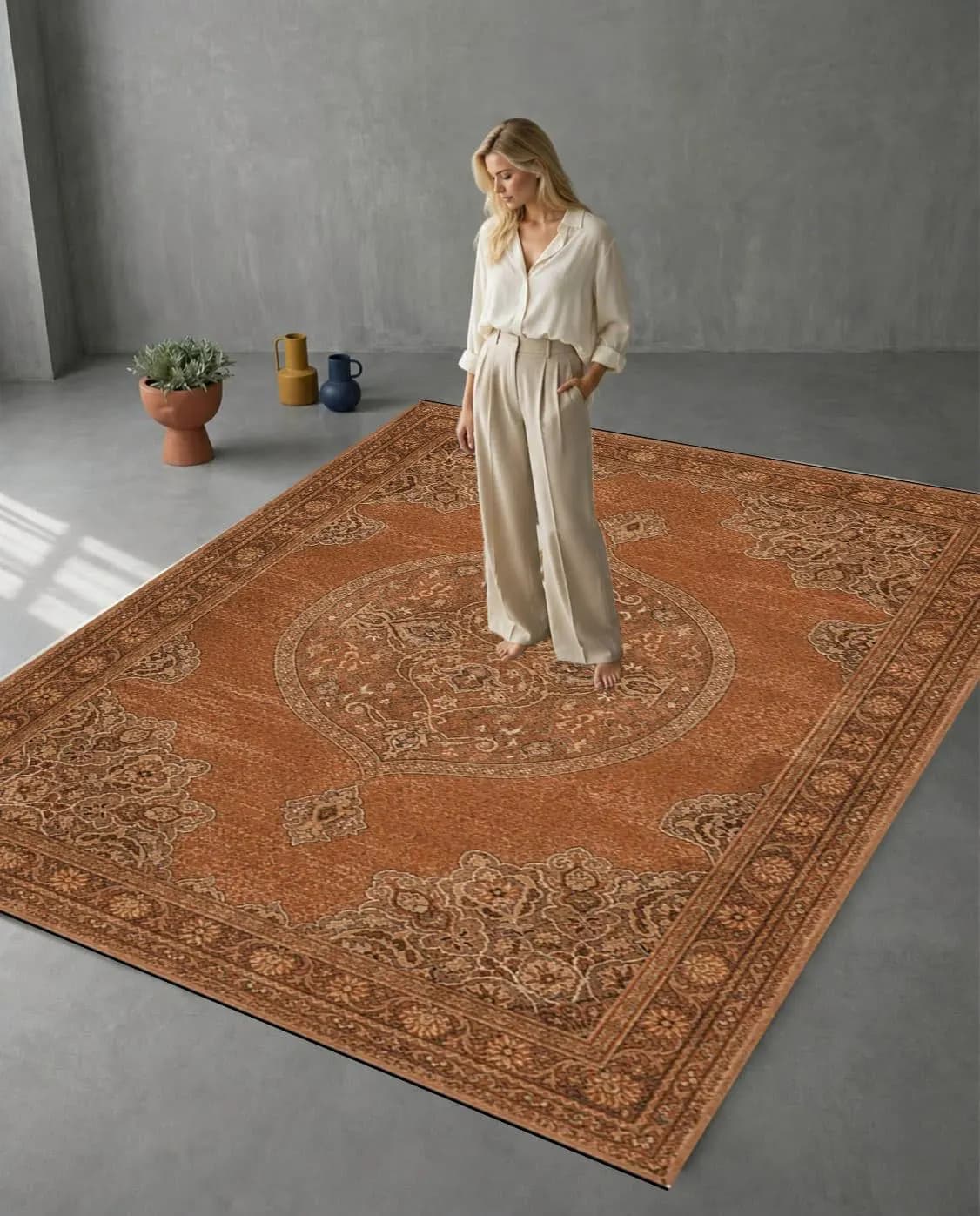 Vintage Terracotta Digital Print Indoor Rug ,Washable Non-Slip Earth Tone Area Carpet for Living Room and Boho Home Decor
