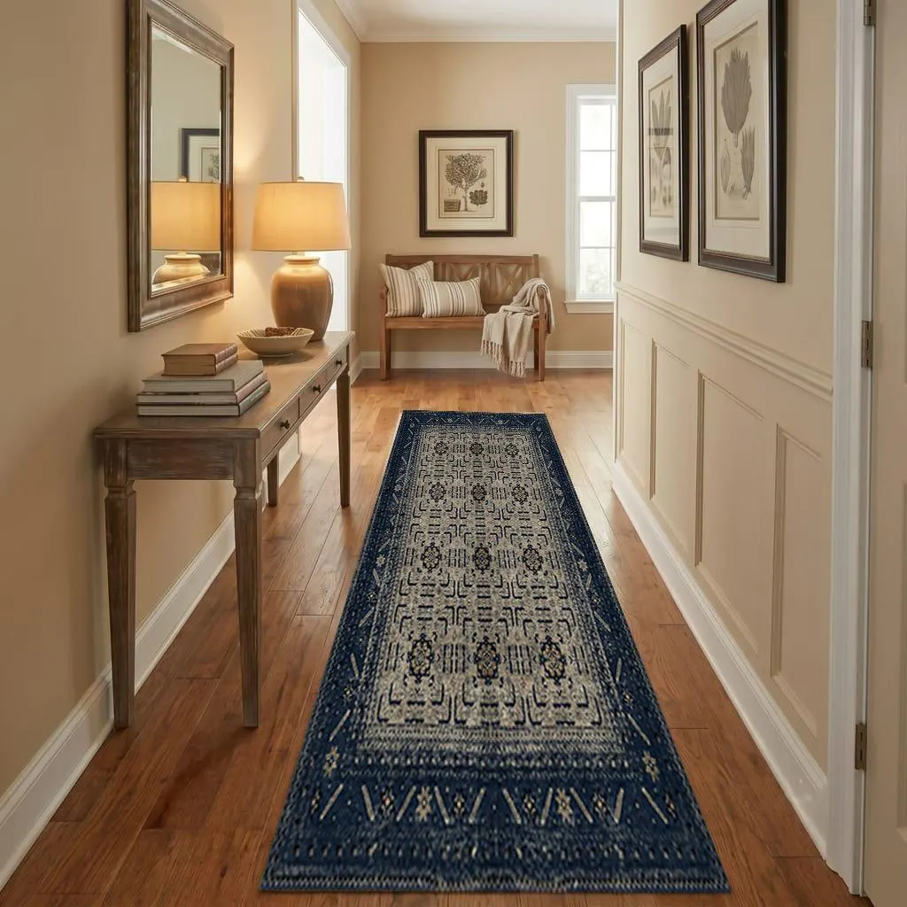 Navy Blue Runner Rug, Vintage Distressed Hallway Carpet, Boho Kitchen Runner, Turkish Ethnic Long Mat, Rusty Orange Printed Entryway Rug - image 3