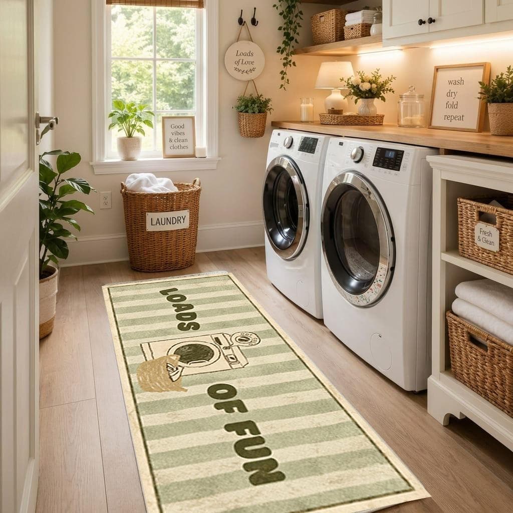 Laundry Room Runner Rug Loads of Fun Funny Vintage Laundry Mat, Green Striped Farmhouse Floor Mat, Washable Utility Room Rug Decor Gift - image 3