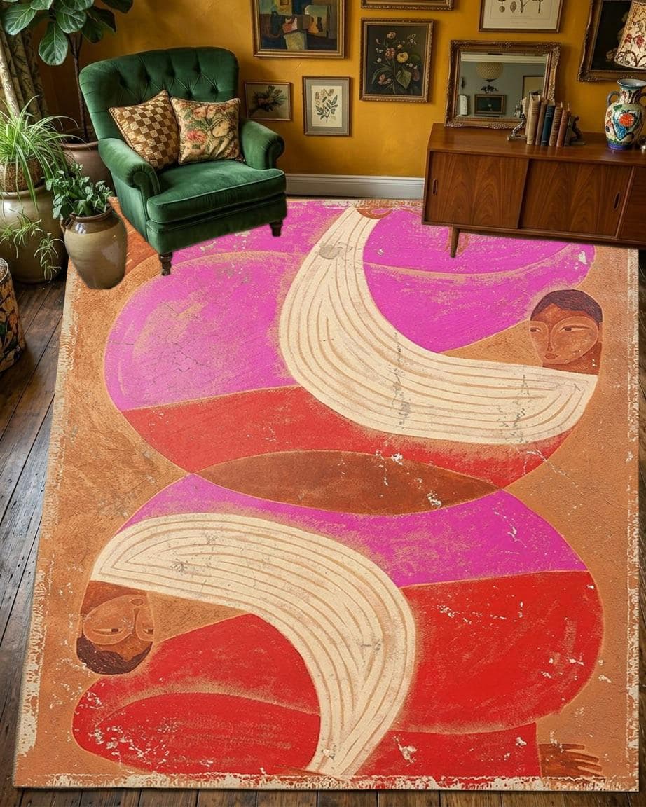 Abstract Pink Figurative Area Rug Vintage Art Distressed Carpet, Washable Non-Slip Folk Art Floor Mat, Eclectic Vibrant Living Room Decor - image 3
