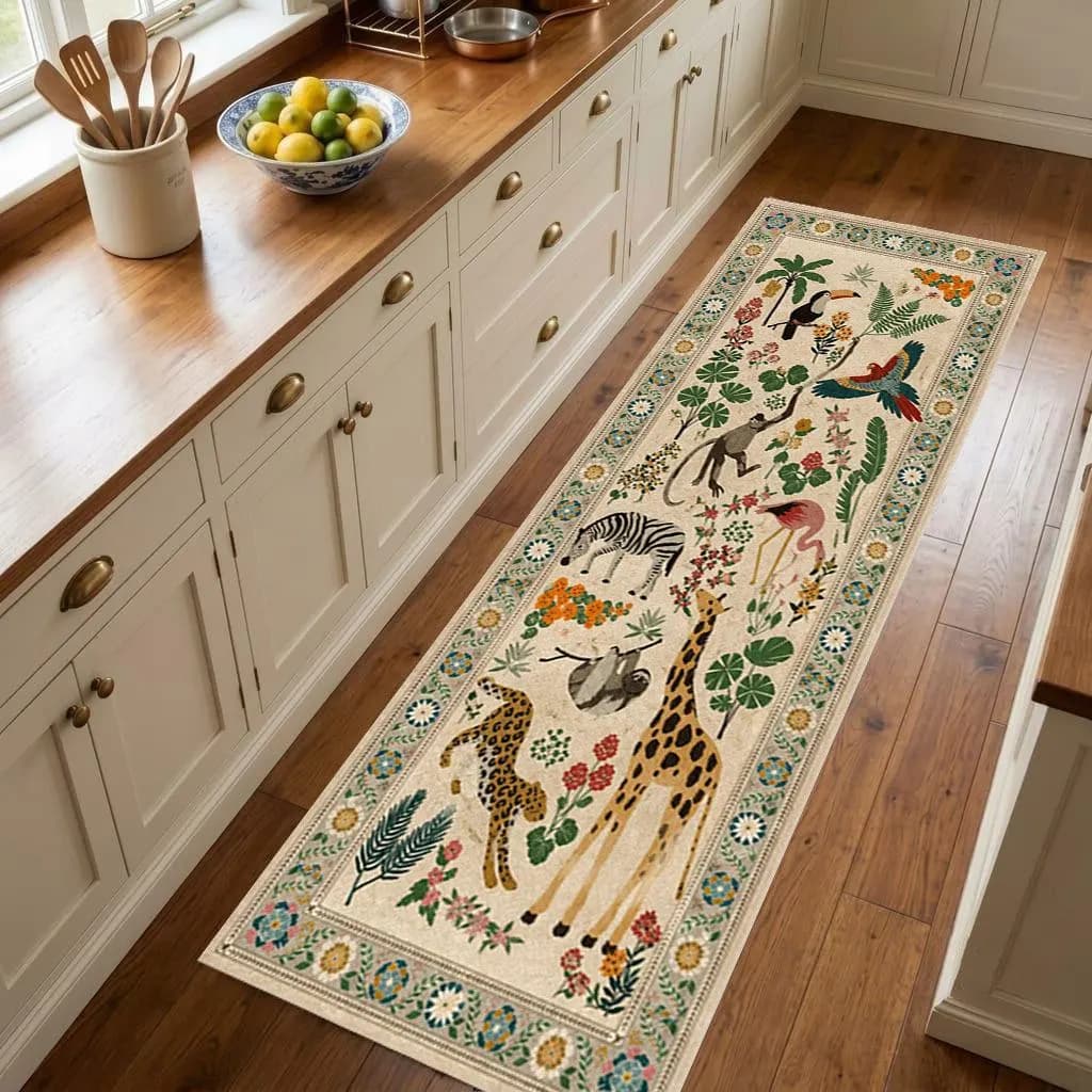 Jungle Animal Kitchen Runner Rug, Tropical Floral Washable Runner, Vintage Botanical Hallway Rug, Safari Kitchen Mat