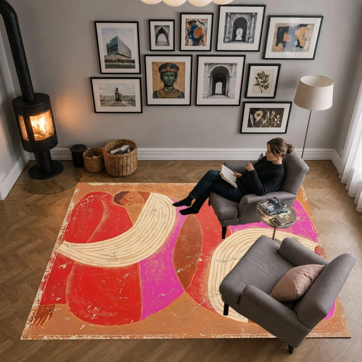 Abstract Pink Figurative Area Rug Vintage Art Distressed Carpet, Washable Non-Slip Folk Art Floor Mat, Eclectic Vibrant Living Room Decor - image 4