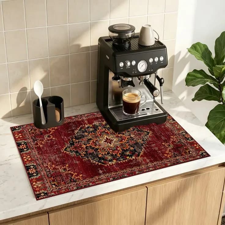 Vintage Oriental Coffee Bar Mat, Non-Slip Espresso Machine Mat, Red Coffee Station Rug, Coffee Lover Gift - image 3
