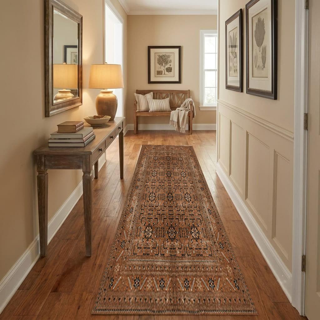 Terracotta Runner Rug, Vintage Distressed Hallway Carpet, Boho Kitchen Runner, Turkish Ethnic Long Mat, Rusty Orange Printed Entryway Rug - image 5