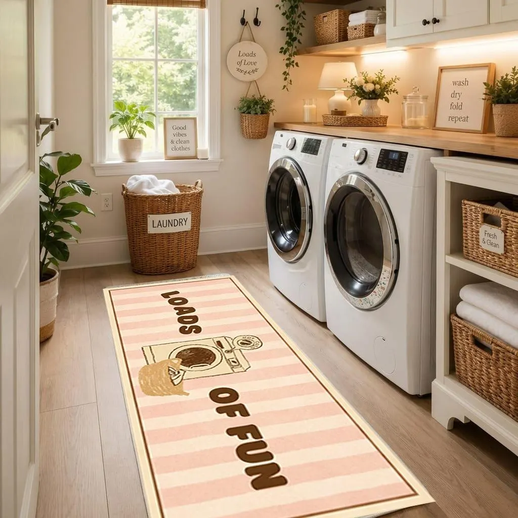 Laundry Room Runner Rug Loads of Fun Funny Vintage Laundry Mat, Pink Striped Farmhouse Floor Mat, Washable Utility Room Rug Decor Gift - image 3