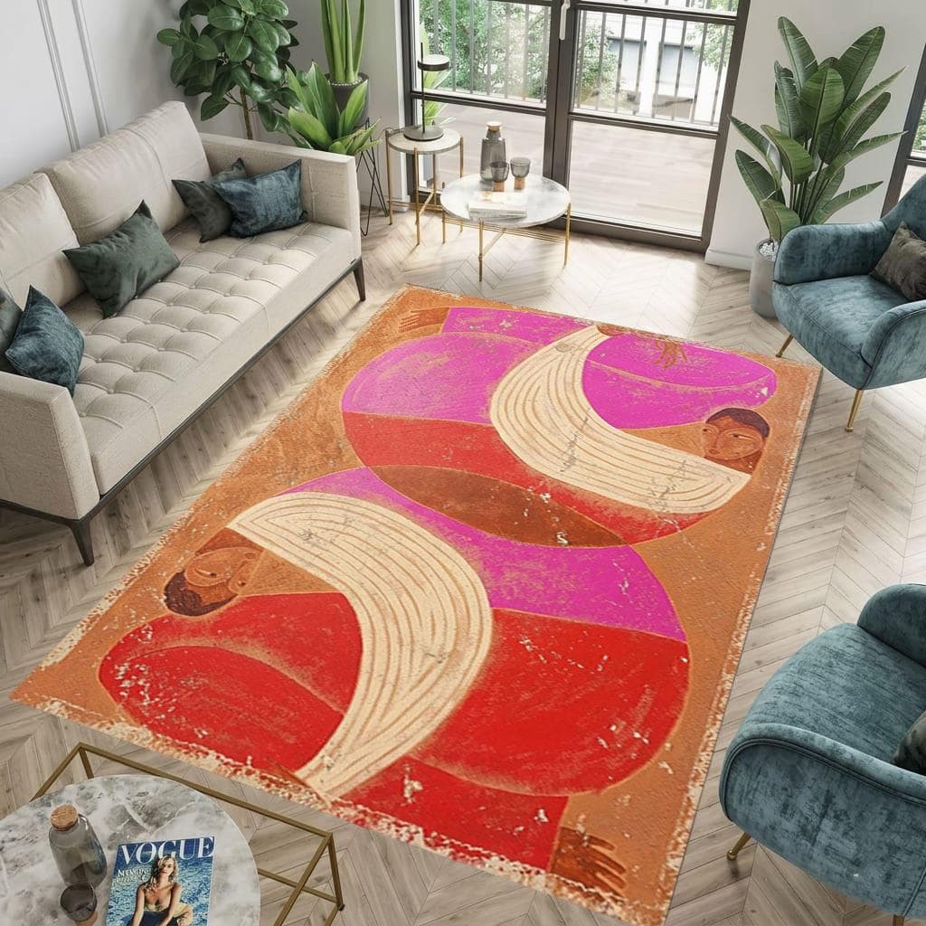 Abstract Pink Figurative Area Rug Vintage Art Distressed Carpet, Washable Non-Slip Folk Art Floor Mat, Eclectic Vibrant Living Room Decor