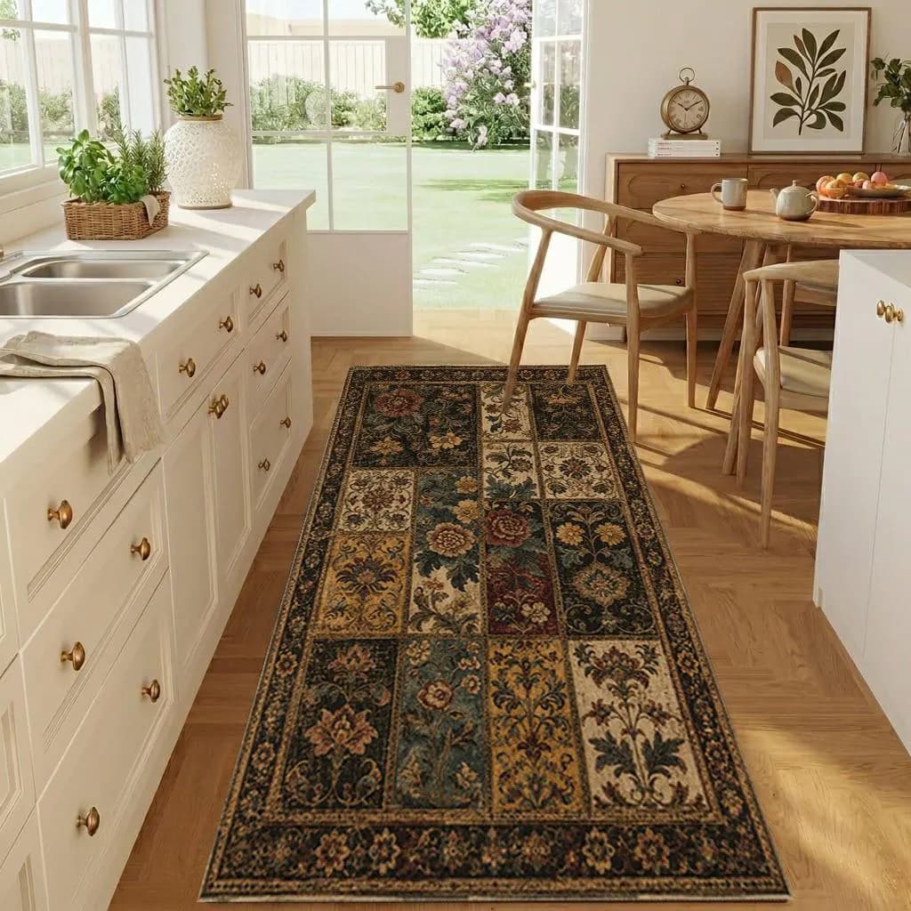 Vintage Style Patchwork Runner Rug, Traditional Printed Hallway Mat, Distressed Antique Look Kitchen Runner,Boho Floral Entryway Floor Mat - image 4