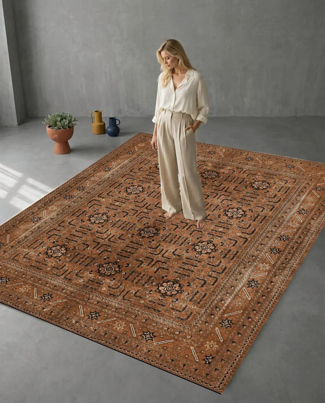 Vintage Distressed Area Rug Terracotta Tribal Geometric Carpet, Machine Washable Non-Slip Rustic Floor Mat, Boho Living Room Home Decor