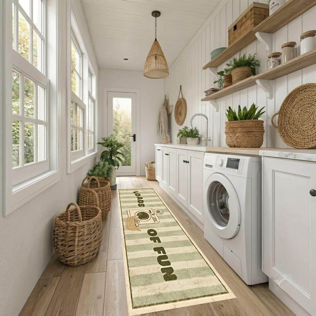 Laundry Room Runner Rug Loads of Fun Funny Vintage Laundry Mat, Green Striped Farmhouse Floor Mat, Washable Utility Room Rug Decor Gift - image 4