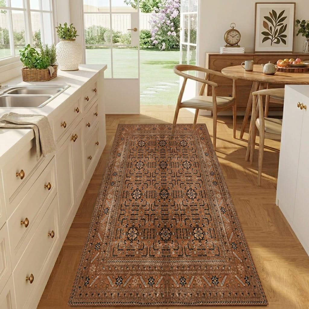Terracotta Runner Rug, Vintage Distressed Hallway Carpet, Boho Kitchen Runner, Turkish Ethnic Long Mat, Rusty Orange Printed Entryway Rug - image 3