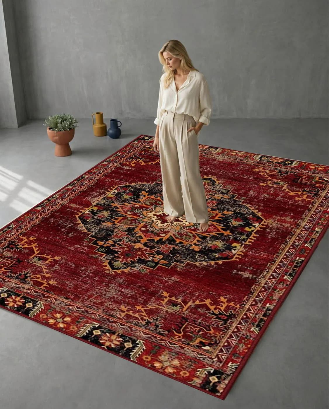 Vintage Distressed Area Rug Red Crimson Medallion Rug, Machine Washable Non-Slip Turkish Traditional Carpet, Living Room Rug Home Decor