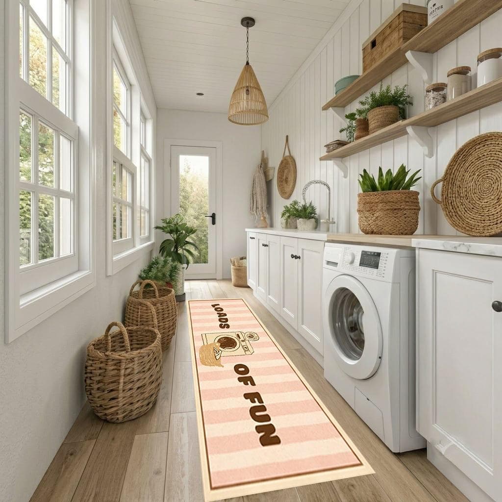 Laundry Room Runner Rug Loads of Fun Funny Vintage Laundry Mat, Pink Striped Farmhouse Floor Mat, Washable Utility Room Rug Decor Gift - image 4