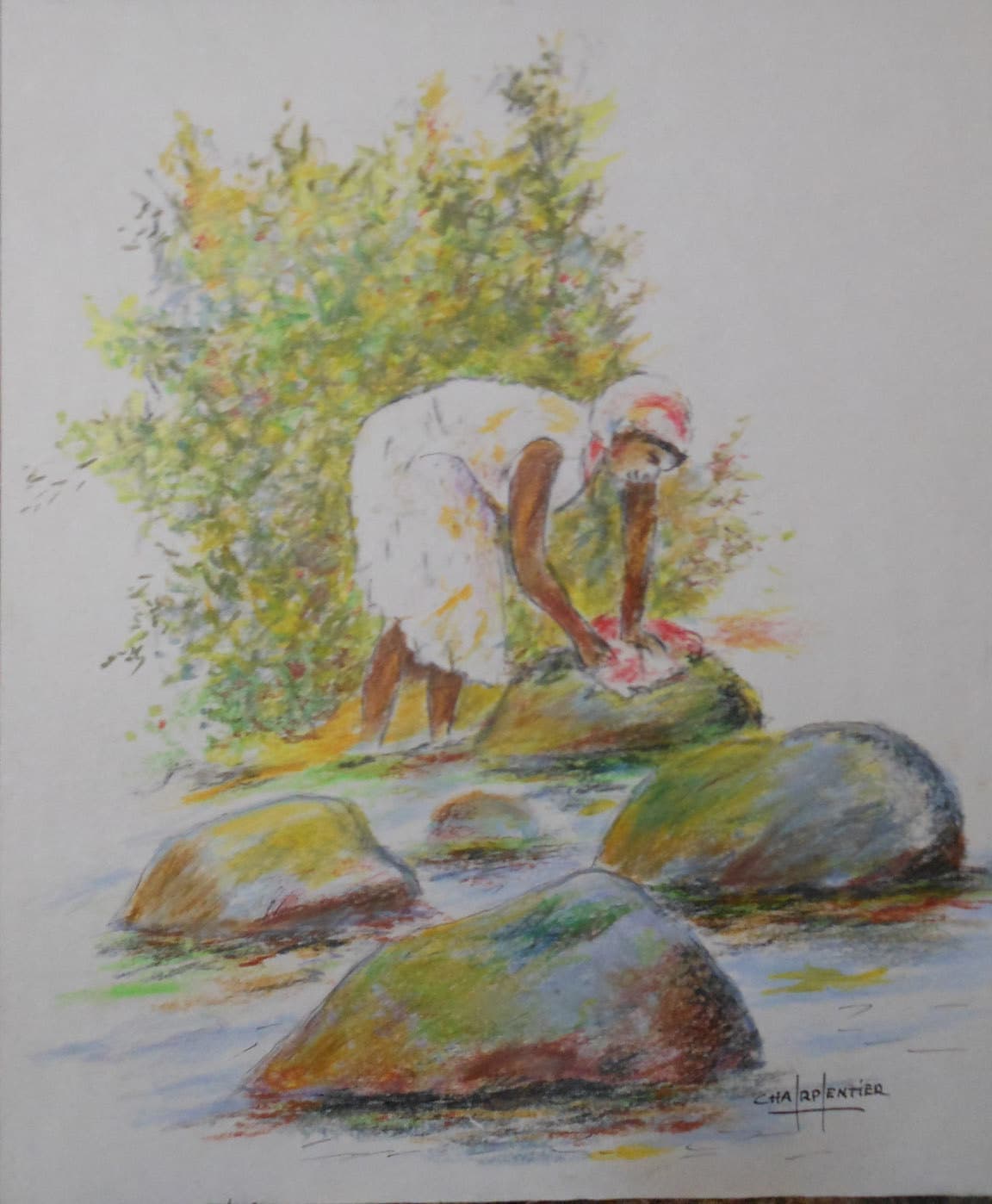 Vintage watercolor painting of woman washing cloth in stream artist signed Charpentier
