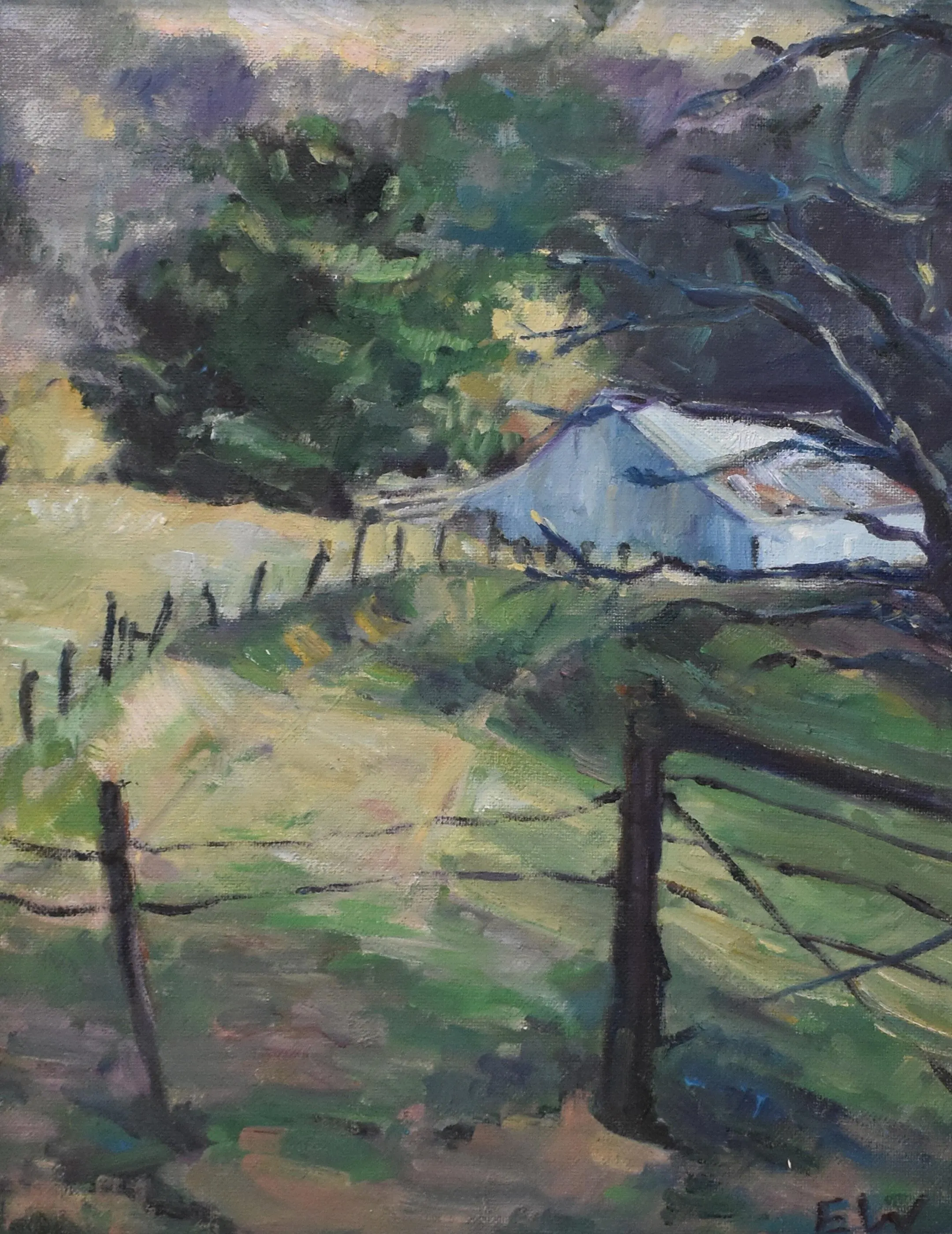 vintage impressionist oil painting house on hill with trees artist signed