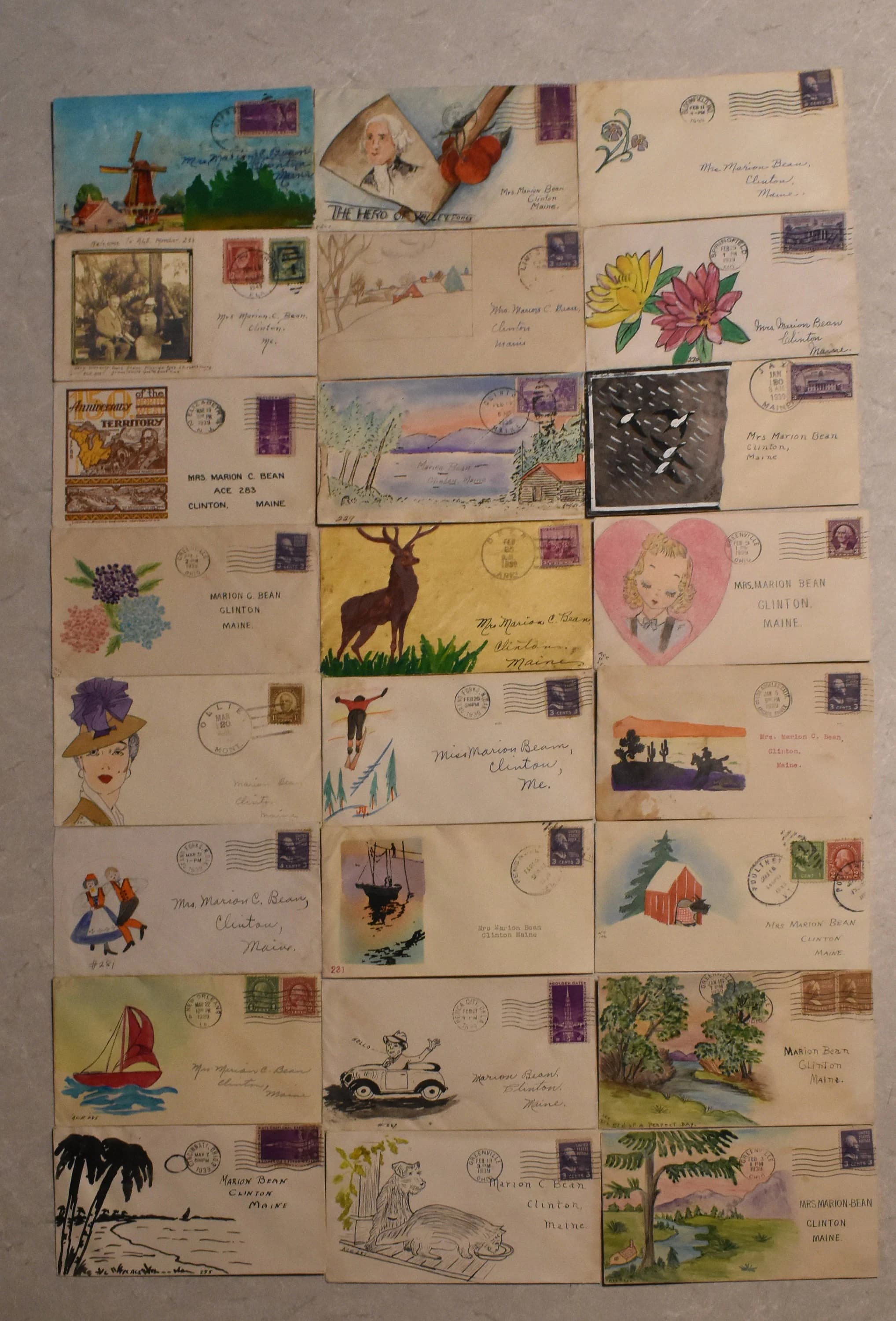 vintage post card collection Maine watercolors ca 1939 artist Marion c. bean Clinton Maine