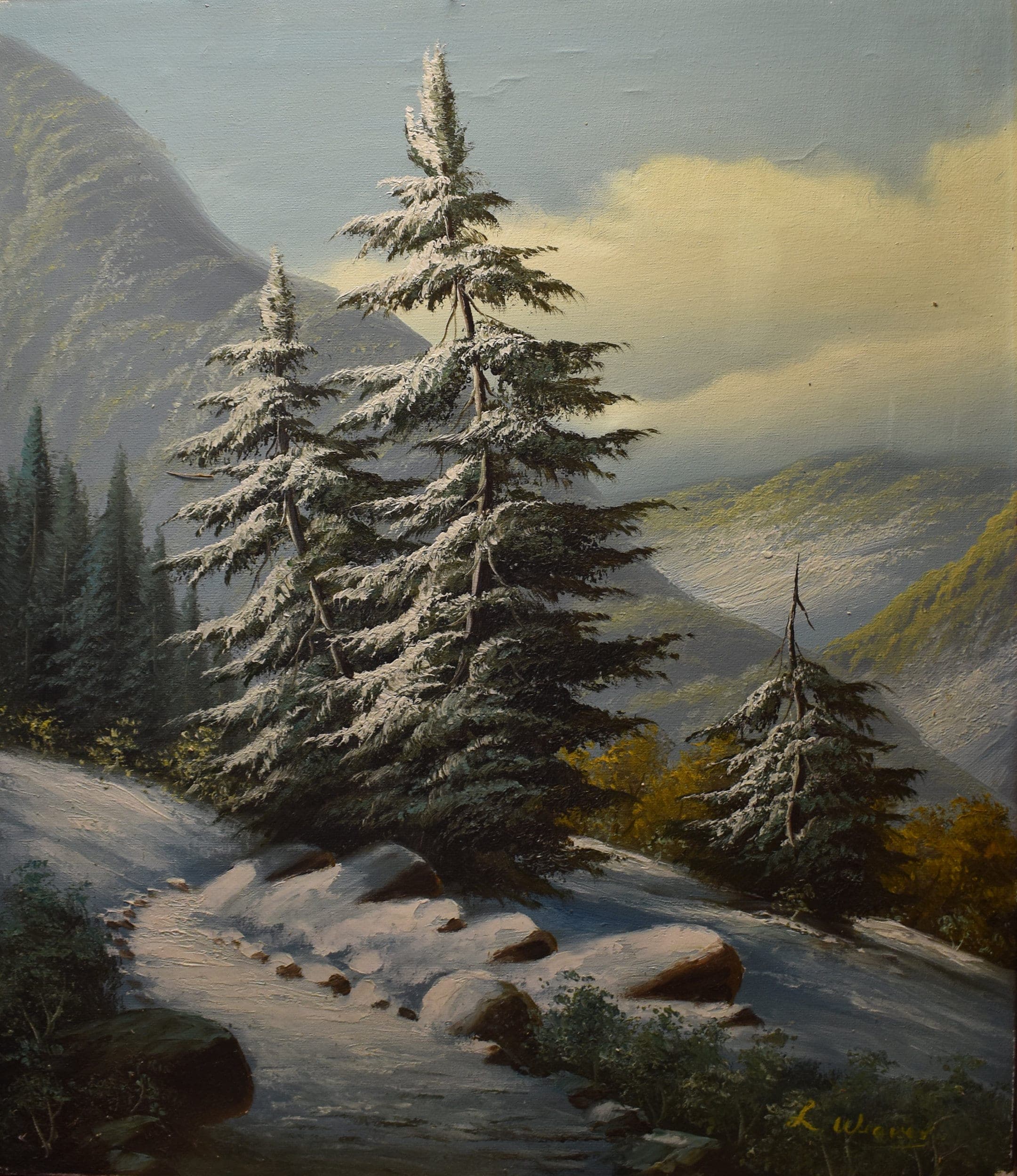 vintage winter alpine oil painting of trail fall snow artist signed