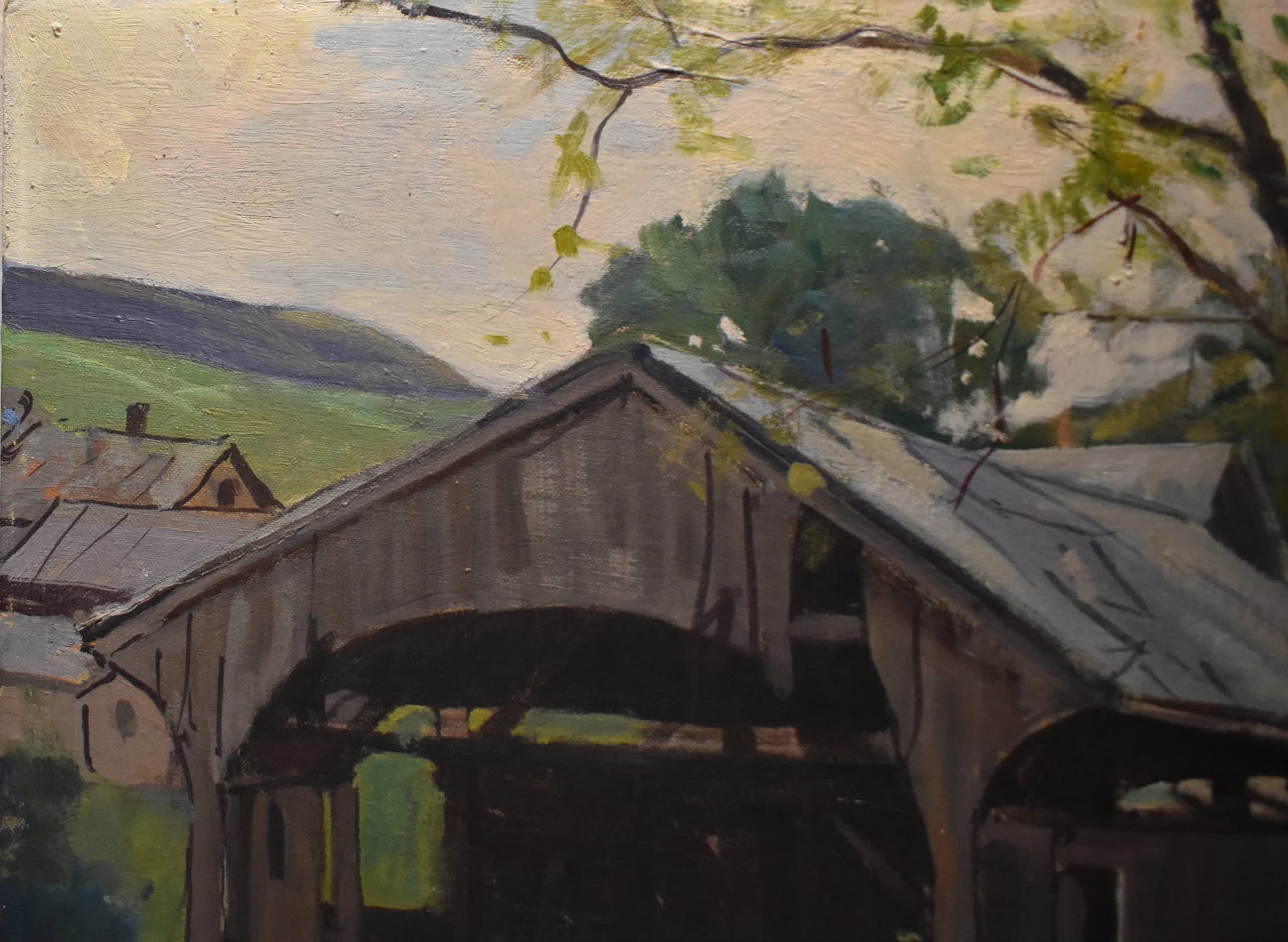 vintage covered bridge oil painting of house and trees - image 3