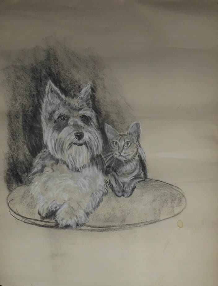 Vintage scotty westy dog and cat pastel
