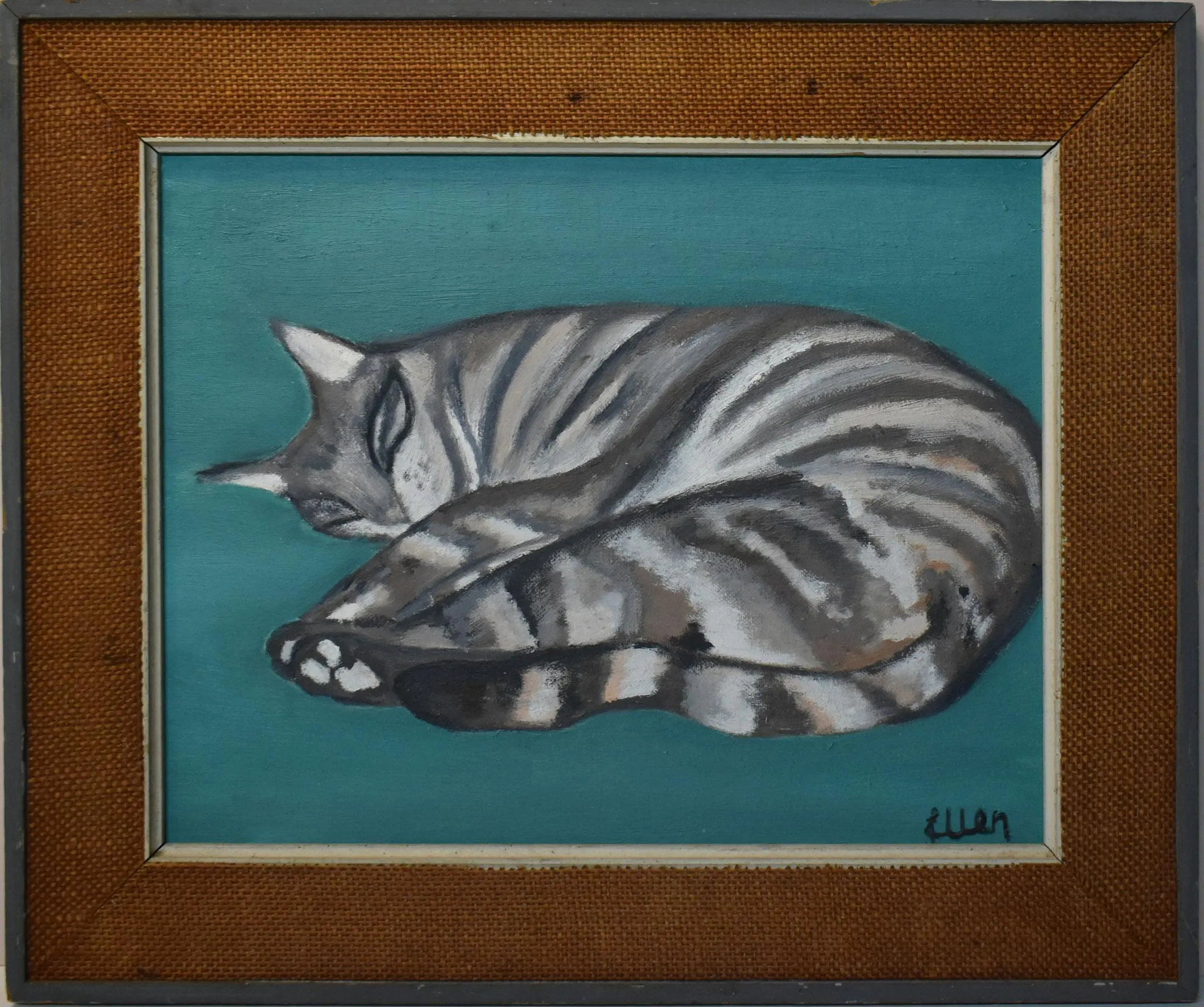 vintage folk art cat oil painting cat lying down artist signed - image 4