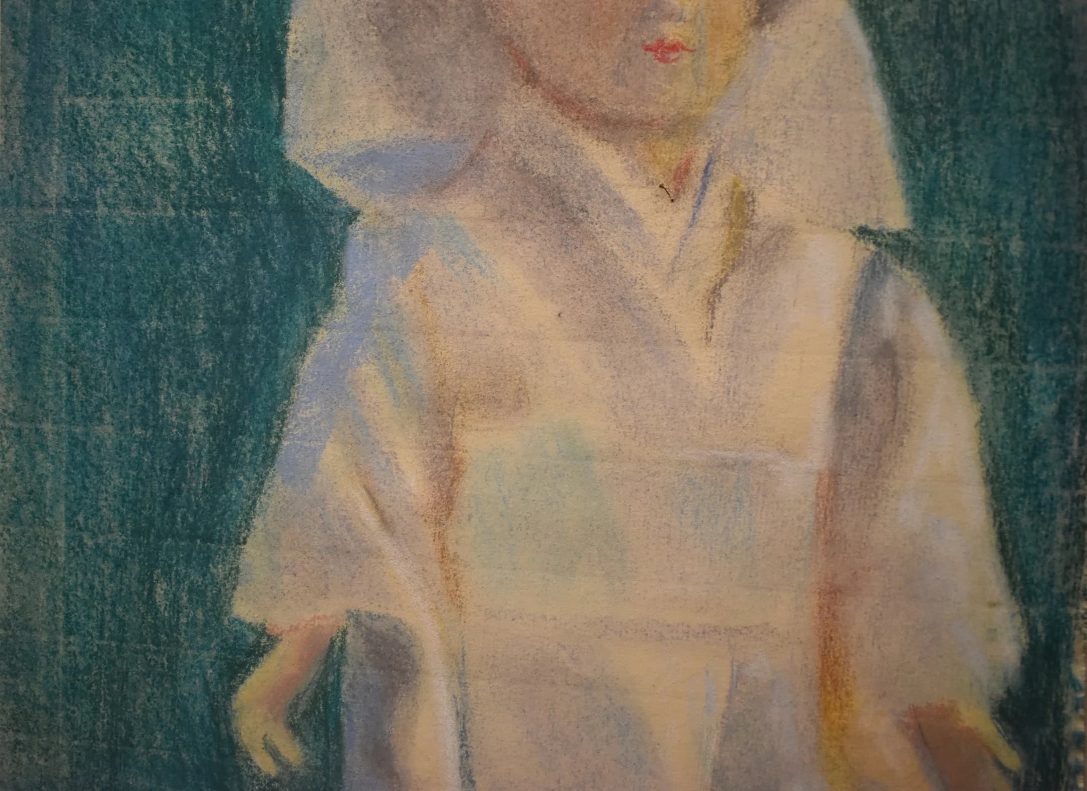vintage woman impressionist pastel painting white shawl green back artist signed - image 4
