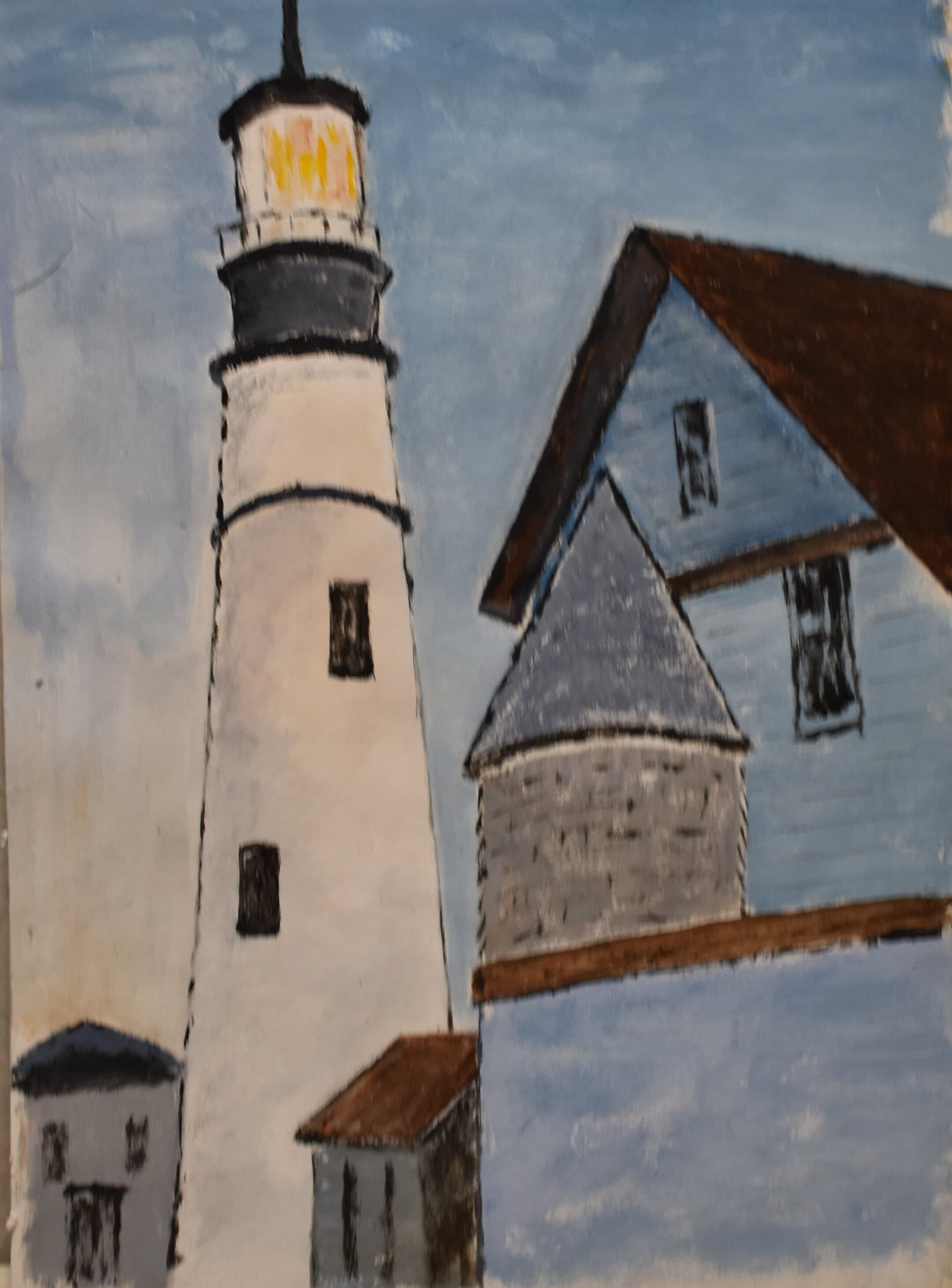 vintage Maine light house art watercolor painting