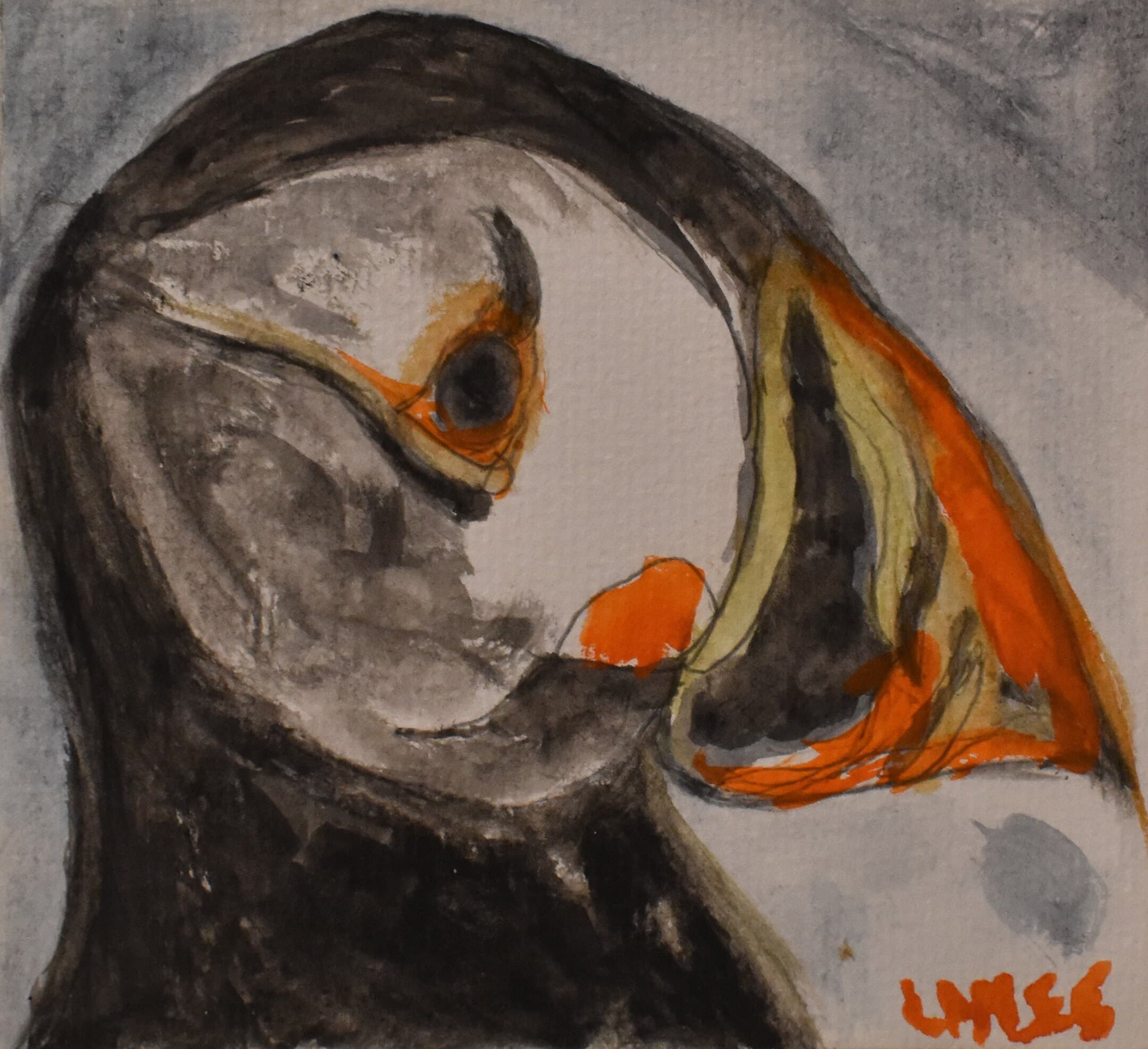 vintage puffins watercolor and pencil drawing