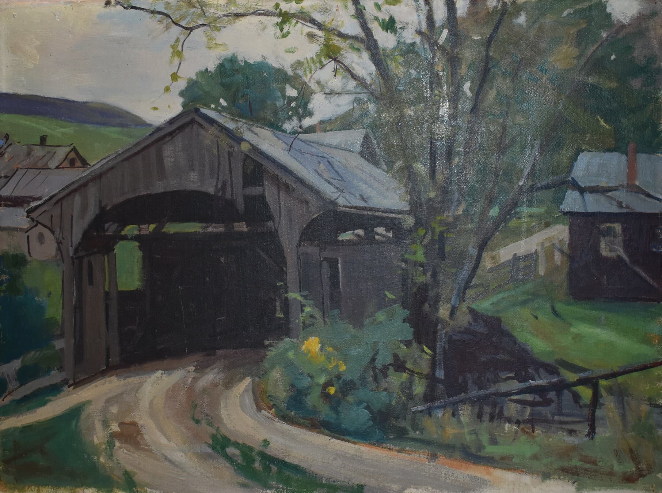 vintage covered bridge oil painting of house and trees