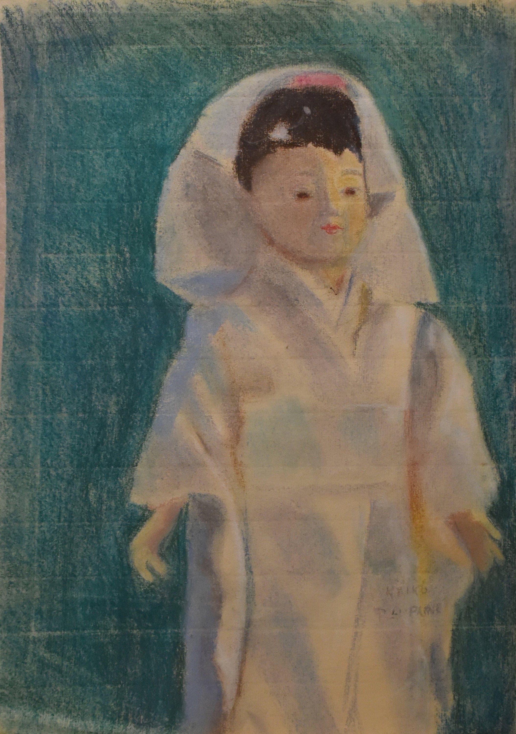 vintage woman impressionist pastel painting white shawl green back artist signed