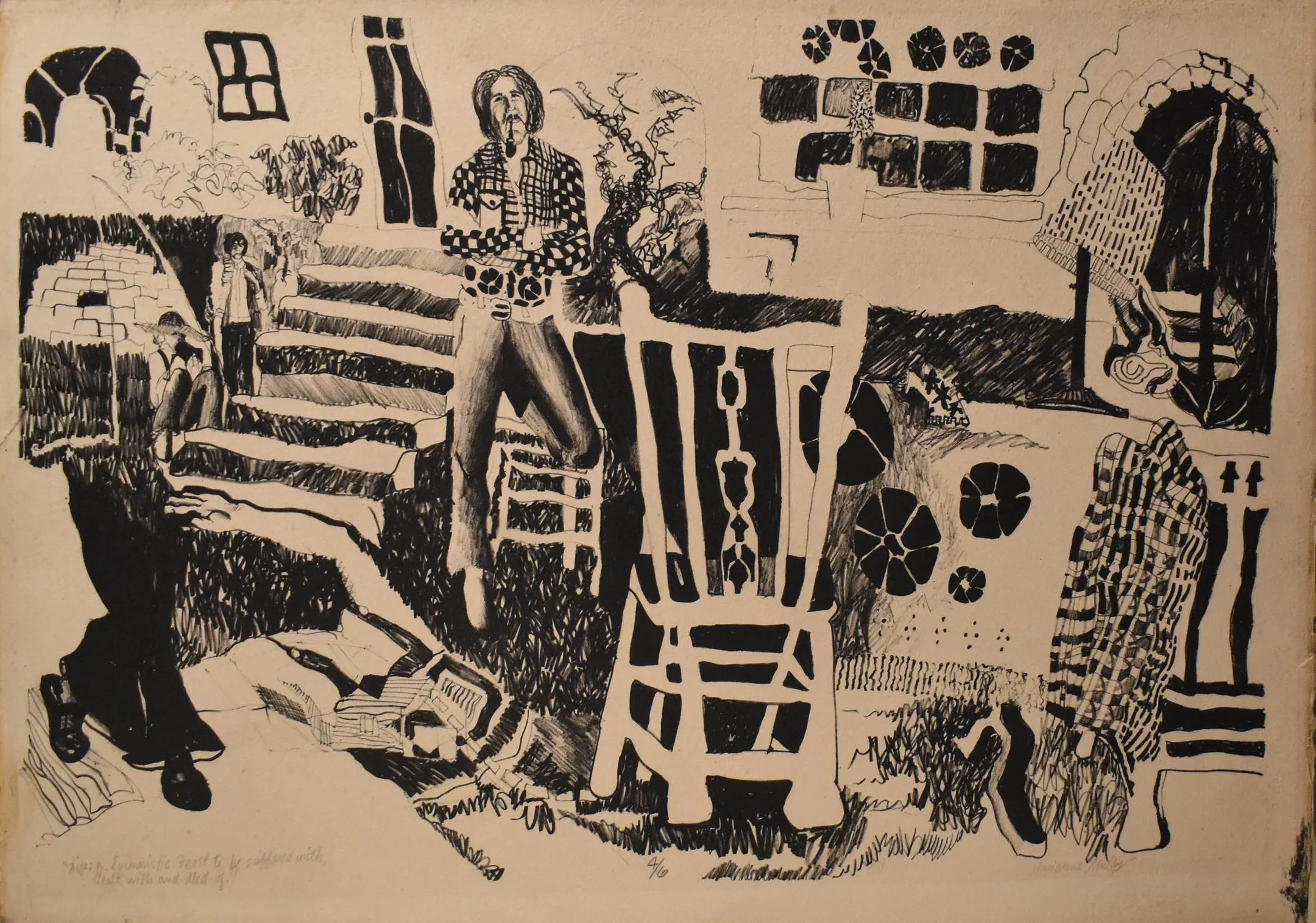 vintage folk art lithograph of people yard artist signed