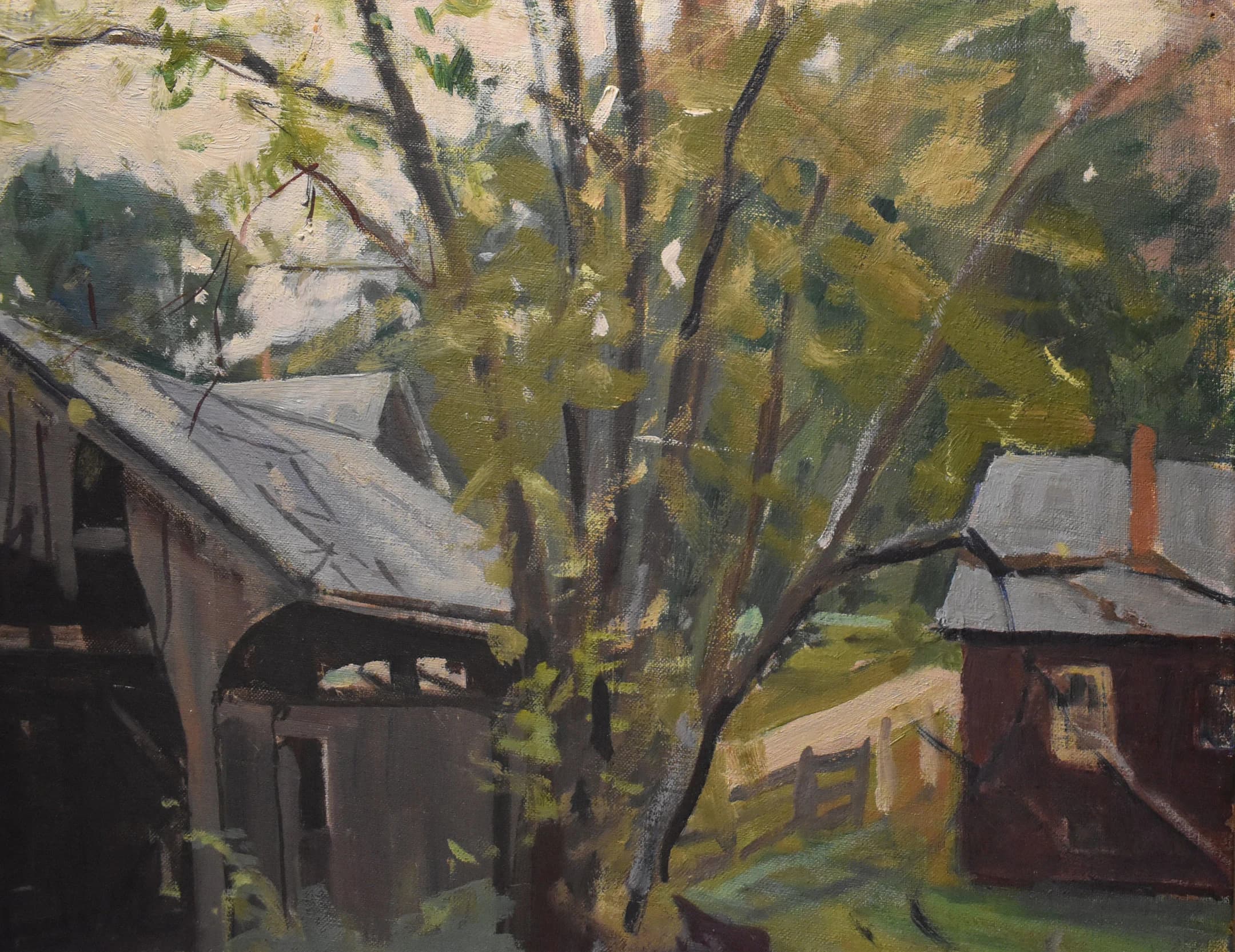 vintage covered bridge oil painting of house and trees - image 5