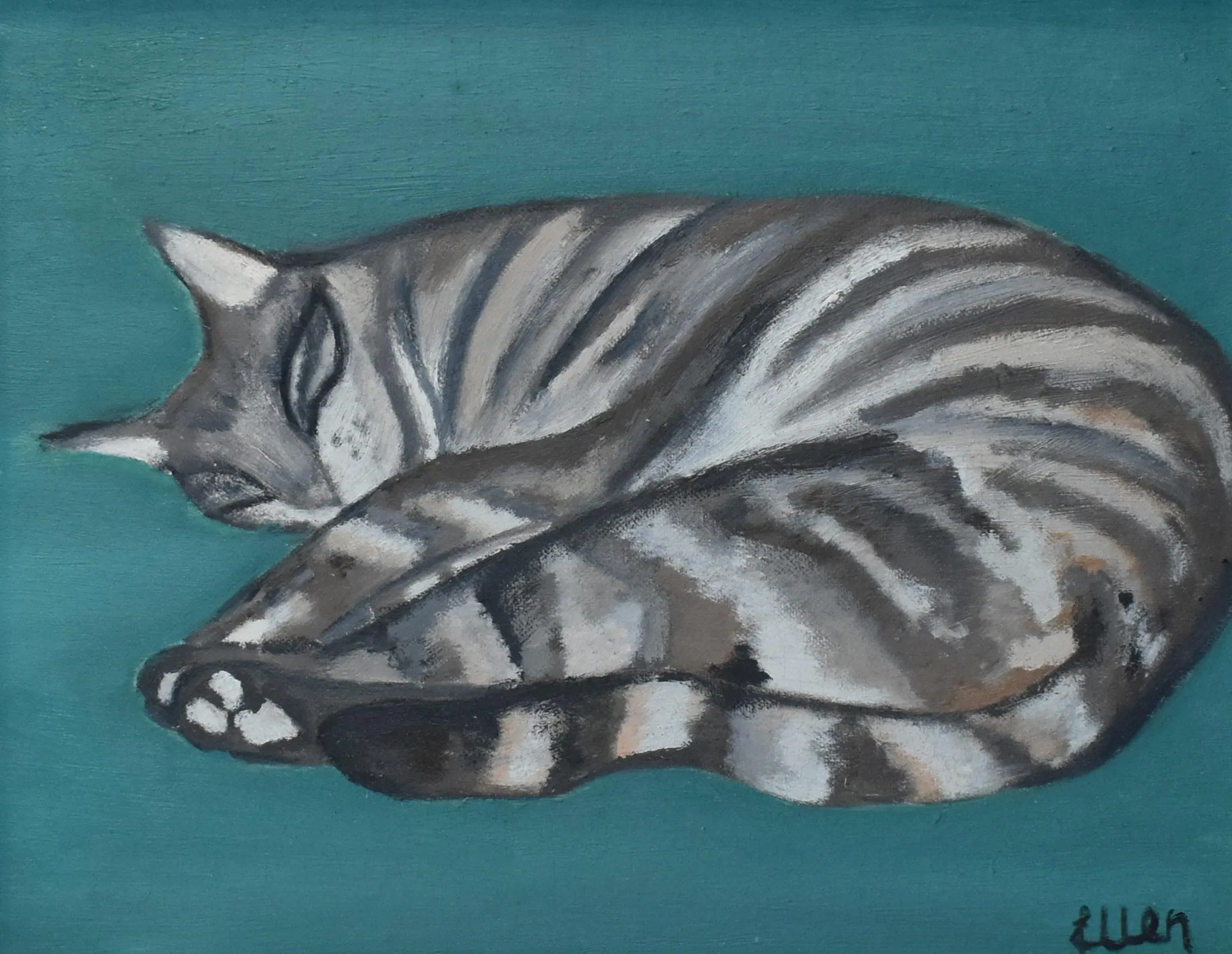 vintage folk art cat oil painting cat lying down artist signed