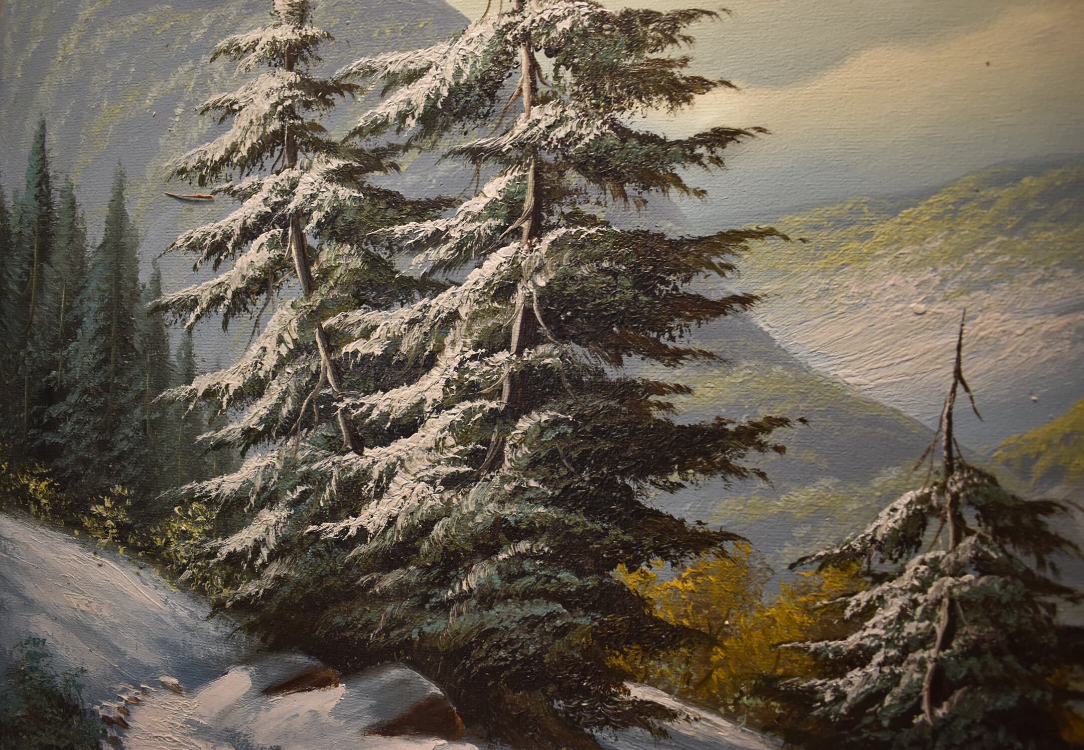 vintage winter alpine oil painting of trail fall snow artist signed - image 5