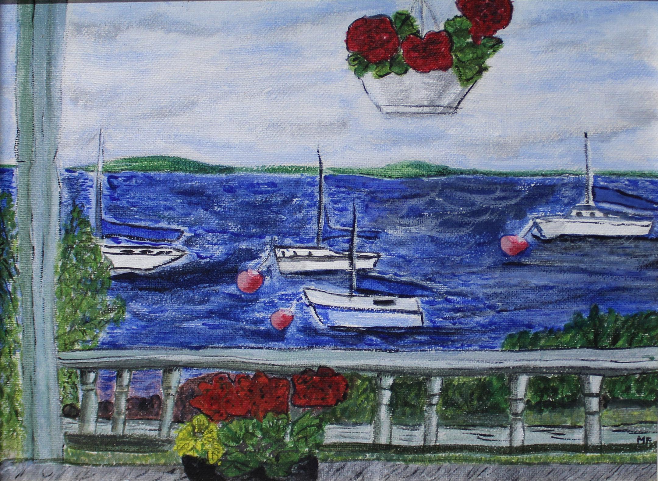 vintage on the bay oil painting of penobscot bay boats off porch artist signed