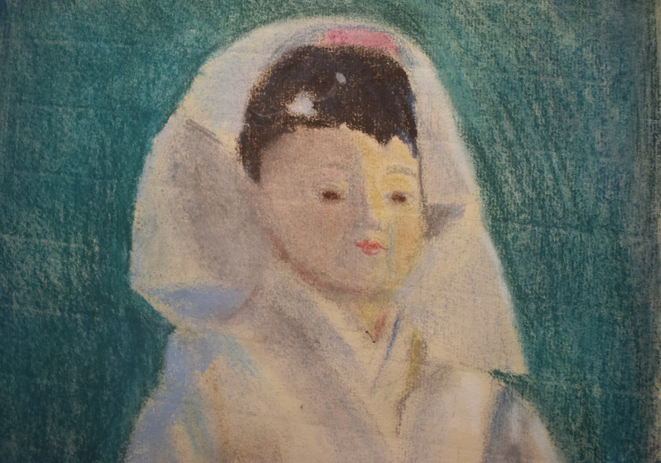vintage woman impressionist pastel painting white shawl green back artist signed - image 3