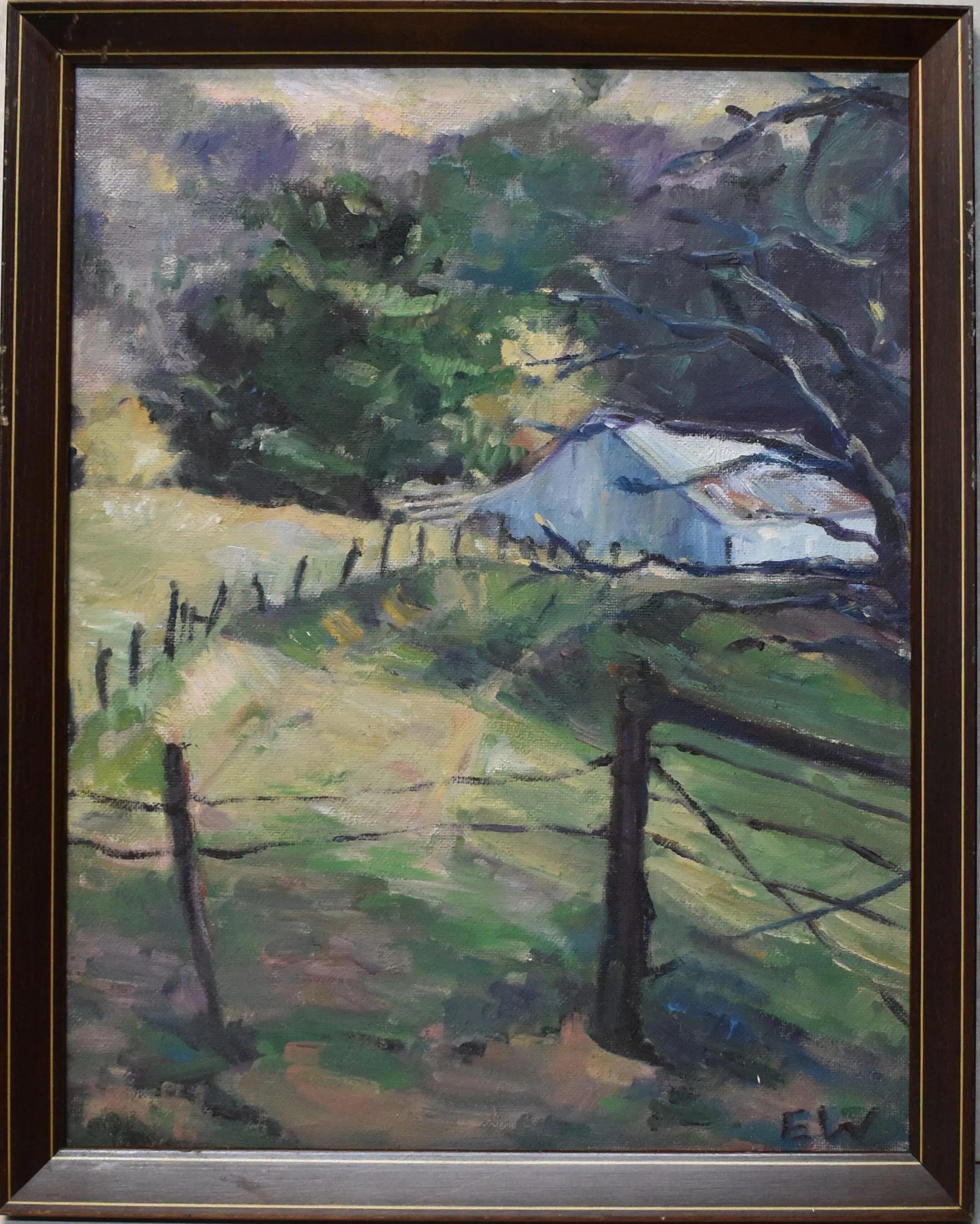 vintage impressionist  oil painting house on hill with trees artist signed - image 3